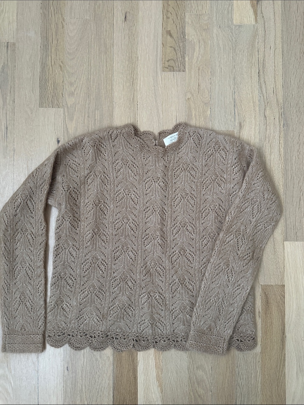 Sezane Beige Scalloped Pointelle Crew Sweater